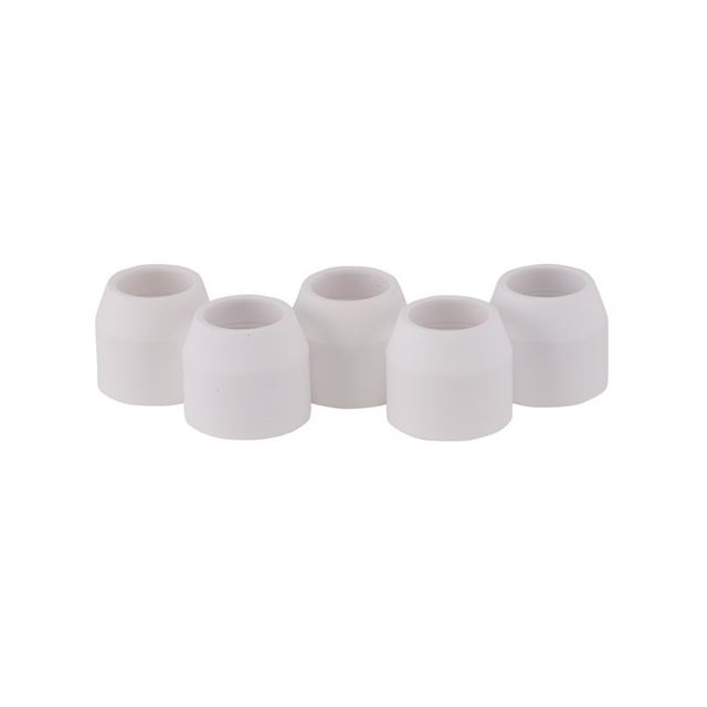 White ceramic shrouds for plasma cutters, featuring a smooth finish and tapered design, packaged in a set of five for use with Draper Stock No. 03358.