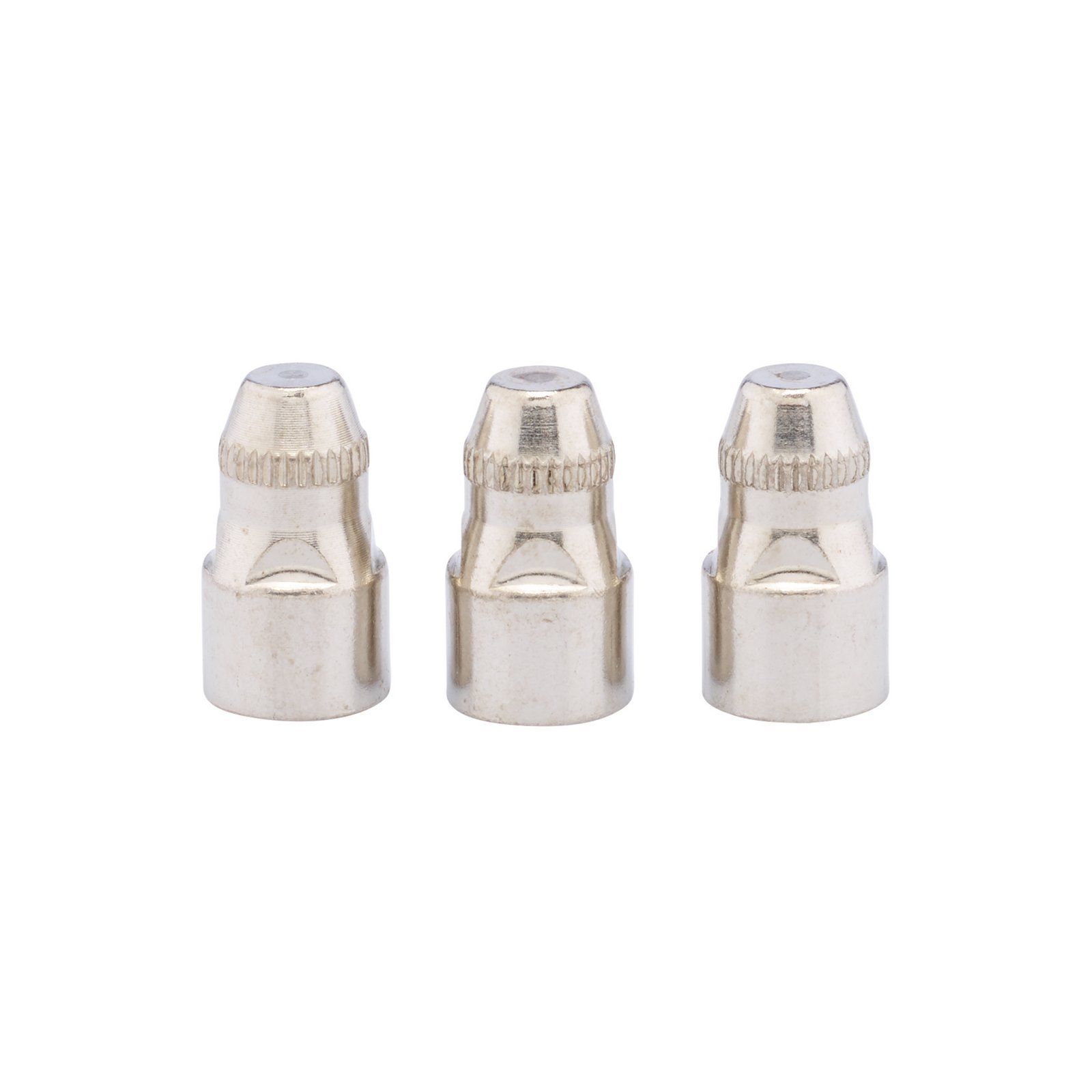 Three metallic plasma cutter electrodes, each with a shiny silver finish, featuring a tapered top and textured grip, designed for use with Draper plasma cutter Stock No. 70058.