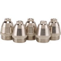 Pack of 5 silver Draper plasma cutter nozzles with threaded bases and smooth, rounded tops.