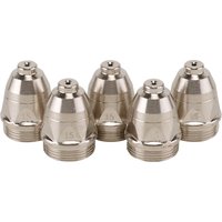 Pack of 5 silver Draper plasma cutter nozzles with threaded base and tapered tip for Stock No. 03358.