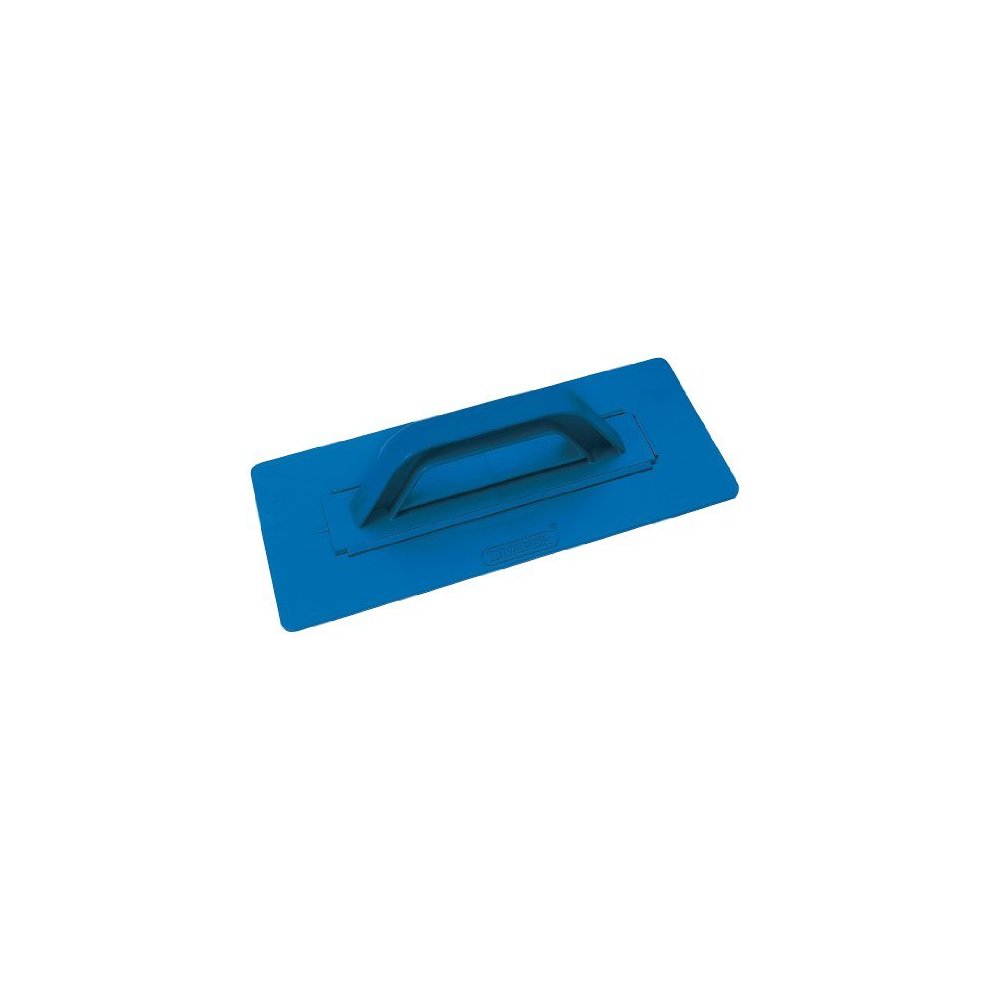 Blue plastering float with a rectangular shape, measuring 280 x 110mm, featuring a central handle for grip and a smooth surface for even application.