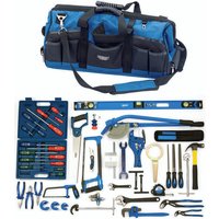 Draper PLUMBTK Plumbing Tool Kit with blue tool bag, wrenches, saws, screwdrivers, and assorted plumbing tools.