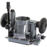 Draper Plunge Base for 58349 Trimming Router, metallic gray with dual black handles and adjustable depth gauge.