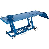 Blue Draper motorcycle lift with pneumatic/hydraulic system, 450kg capacity, flat platform, and safety locking bar.