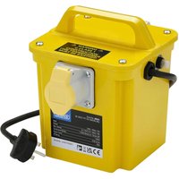 Yellow Draper portable site transformer with handle, 240v to 110v, 1.5kVA, black cable, and plug.