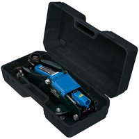 Blue Draper portable trolley jack with black handle in a black carry case.