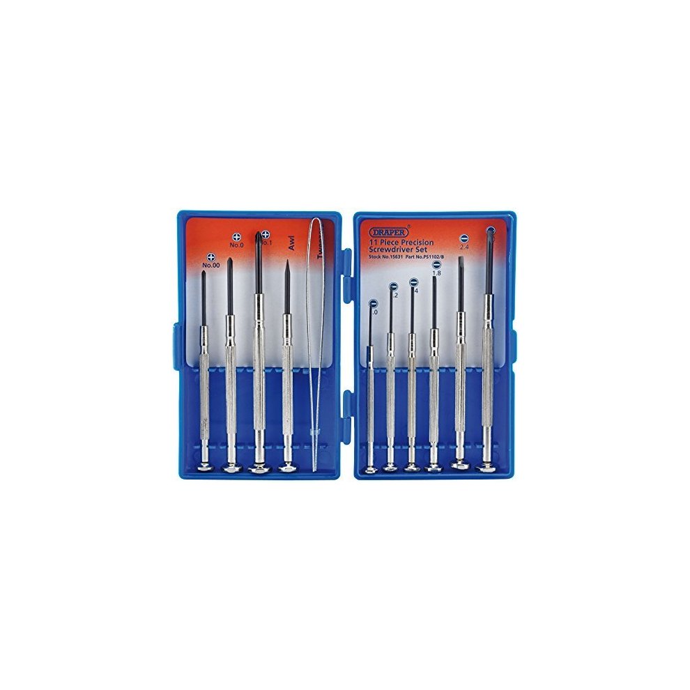Draper 15631 Precision Screwdriver Set features 11 chrome-plated steel screwdrivers in a blue plastic case, with various sizes and types for precise work.