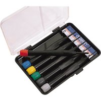 Black Draper Precision Screwdriver Set with six color-coded handles in a clear-lid black case.