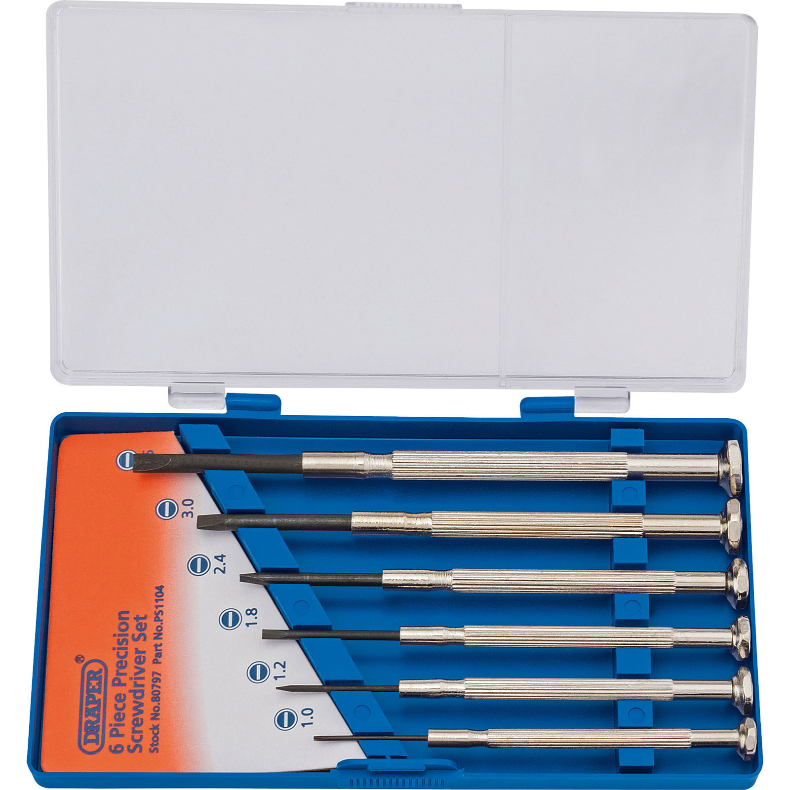 Six-piece precision screwdriver set in a blue plastic case, featuring silver metal shafts with various tip sizes labeled from 0 to 18, ideal for detailed work.