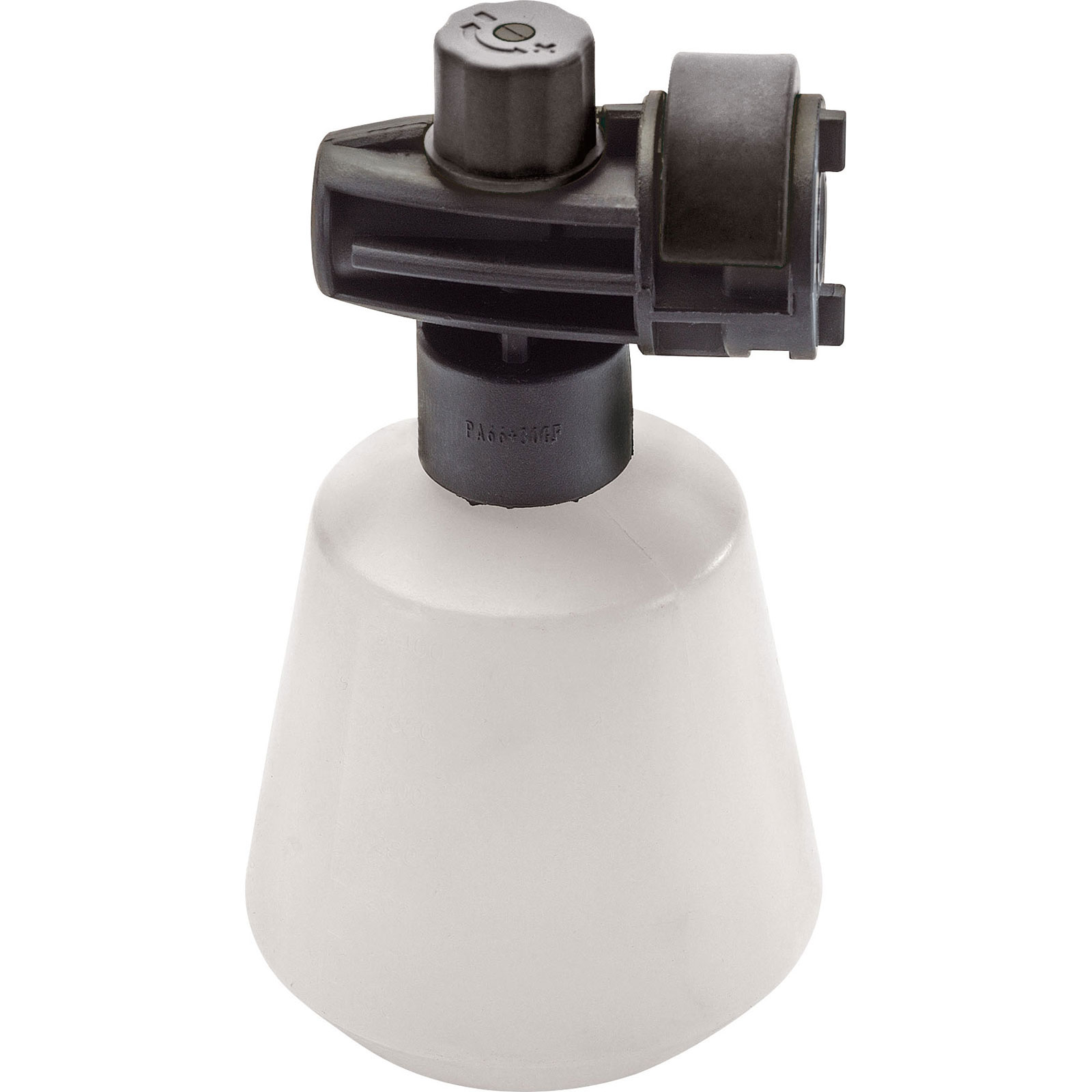 White plastic detergent bottle with a black nozzle and connector, designed for use with Draper pressure washers, featuring a tapered shape and clear labeling for stock numbers.