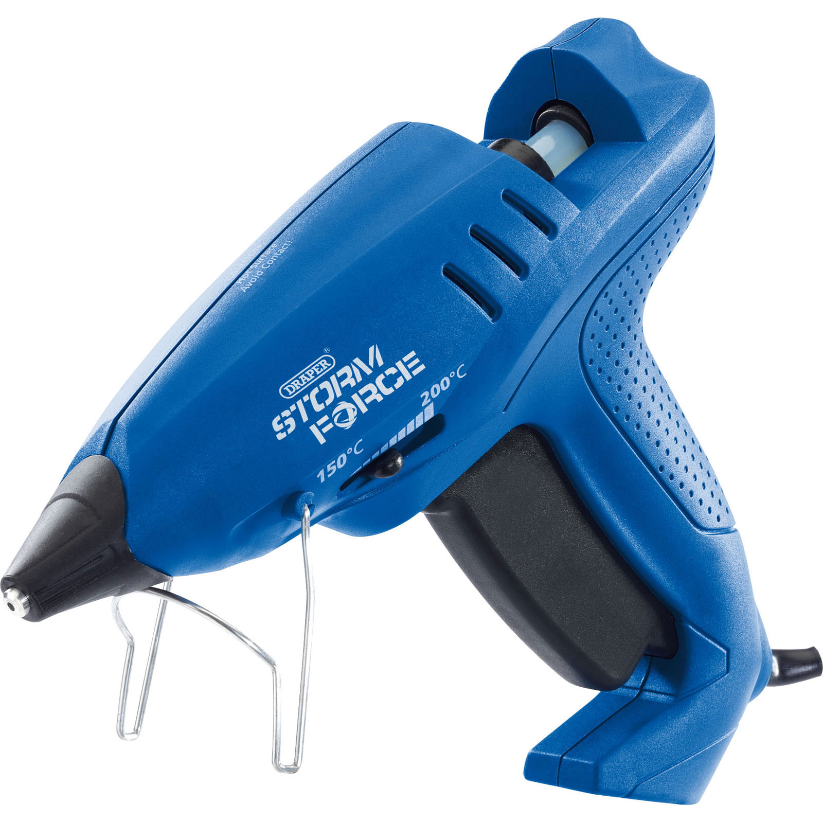 Blue Draper Storm Force variable heat glue gun with a textured grip, featuring a stand, and includes six glue sticks for versatile crafting and repairs.