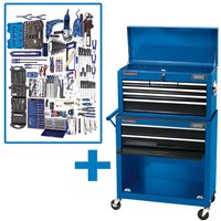 Blue Draper workshop tool kit with wheeled chest, drawers, assorted hand tools, and power tools in organized layout.