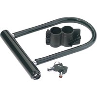 Black Draper PVC coated shackle lock with U-shaped design, mounting bracket, and two silver keys.