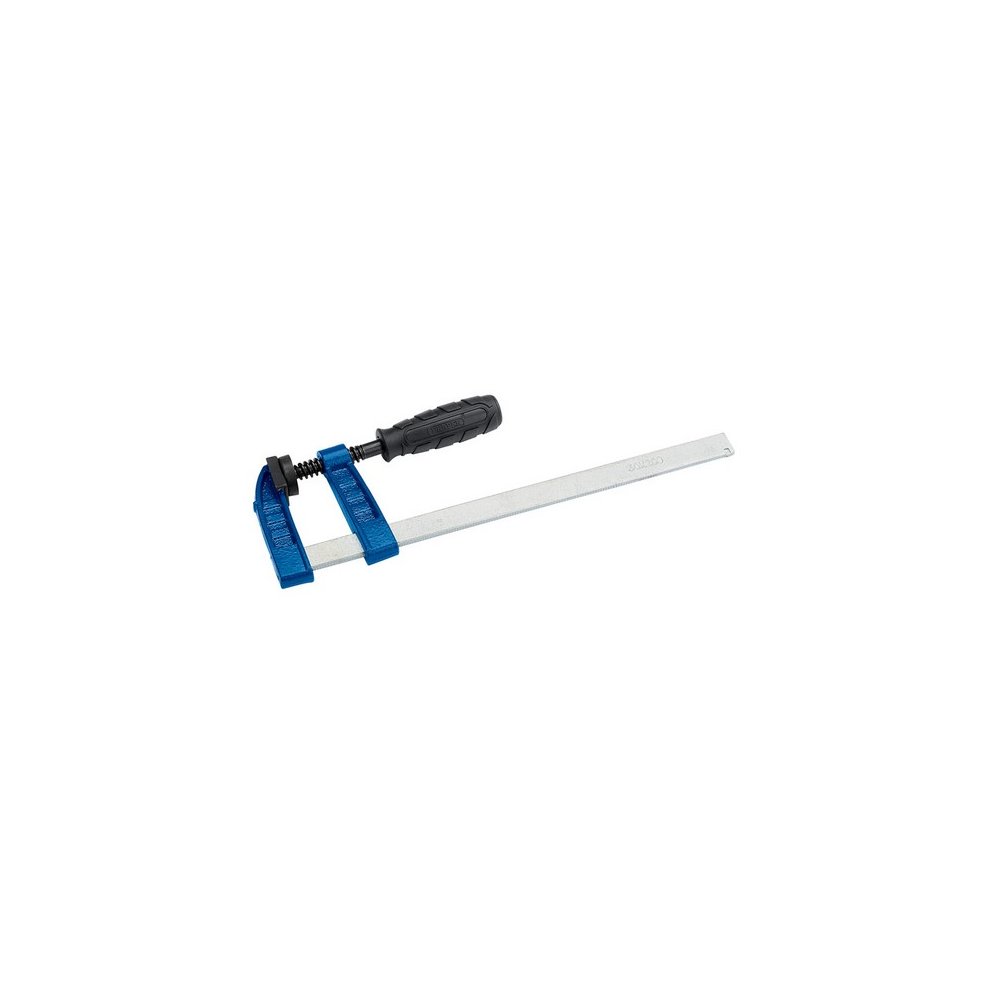 Draper 25363 Quick Action Clamp features a blue metal frame, a black rubber grip handle, and a silver steel bar, designed for quick and secure clamping up to 200mm x 50mm.