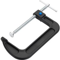 Black Draper Quick Release G-Clamp 150mm with silver screw and blue release button.