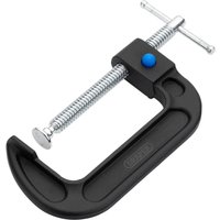 Black Draper Quick Release G Clamp with silver threaded screw and blue release button.