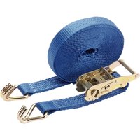 Blue Draper ratchet tie down strap, 10m x 35mm, with metal hooks and ratchet mechanism, 1000kg capacity.