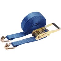 Blue Draper ratchet tie down strap, 10m x 50mm, with metal ratchet and hooks, 2500kg capacity.