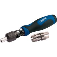 Black and blue Draper ratcheting screwdriver with ergonomic handle, includes ten interchangeable bits.