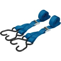 Blue Draper ratcheting tie down straps, 2.5m x 25mm, with black hooks, 125kg capacity, set of two.