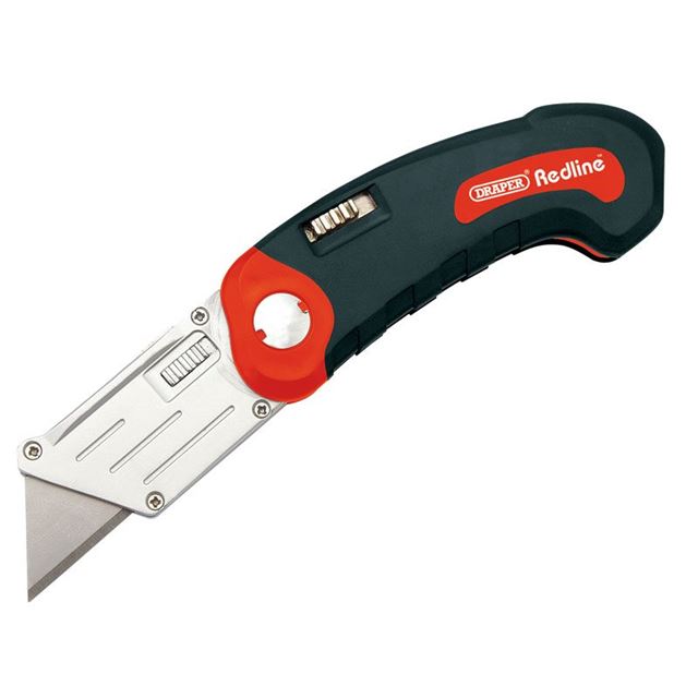 Draper Redline folding trimming knife featuring a black ergonomic handle with red accents, a retractable stainless steel blade, and a built-in blade storage compartment.