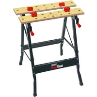 Black and wood Draper Redline fold-down workbench with red clamps and adjustable legs.