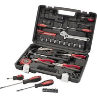 Black and red Draper Redline 43-piece tool kit with pliers, wrenches, screwdrivers, and sockets in a molded case.