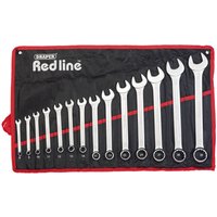 Draper Redline 14-piece metric combination spanner set in silver, displayed on a black and red roll-up pouch.