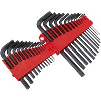 Redline hexagon key set with 25 black metric and imperial keys in a red holder.