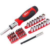 Draper Redline screwdriver set with red and black handle, 40 assorted bits and sockets in red holders.