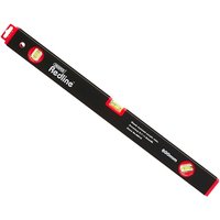 Black Draper Redline spirit level, 600mm, with red end caps and three yellow bubble vials for precise leveling.