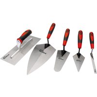 Draper Redline trowel set with red and black handles, includes five varying stainless steel trowels.