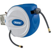 Blue and gray Draper retractable air hose reel, 10m, with wall mount bracket and black hose with brass fittings.
