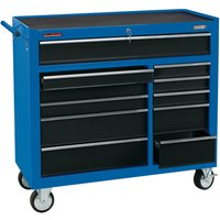 Blue Draper roller tool cabinet with 11 black drawers, 40 inches wide, on four caster wheels.