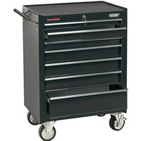 Black Draper Roller Tool Cabinet with 7 drawers, 26-inch width, side handle, and four caster wheels.