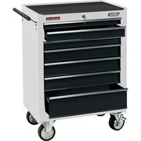 White Draper roller tool cabinet with seven black drawers, side handle, and four caster wheels.