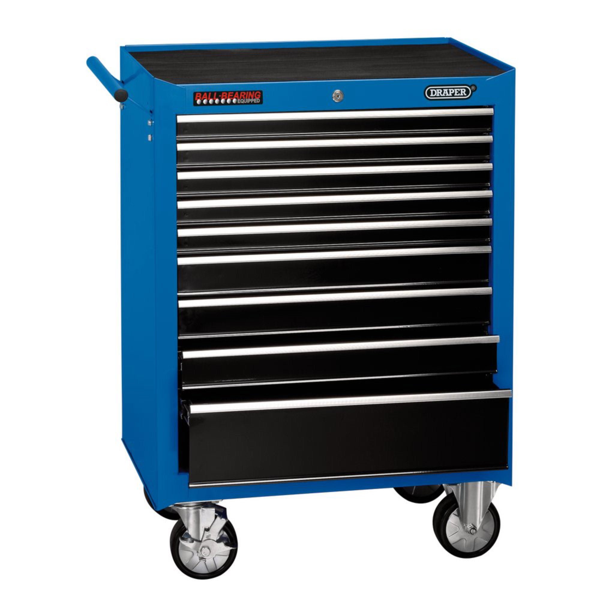 Blue metal roller cabinet with nine drawers, featuring a black top surface, chrome handles, and wheels for mobility.