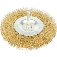 Brass-colored Draper rotary wire brush with circular bristles and central metal shank.