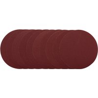 Red Draper sanding discs, 200mm, 120 grit, pack of 10, stacked and overlapping.