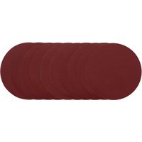 Red Draper sanding discs, 200mm, 240 grit, pack of 10, stacked with smooth surface for fine sanding tasks.