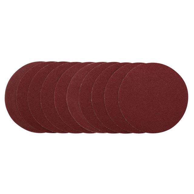 Ten round sanding discs in a deep red color, each measuring 200mm in diameter, featuring a coarse 40 grit surface, ideal for heavy sanding tasks.