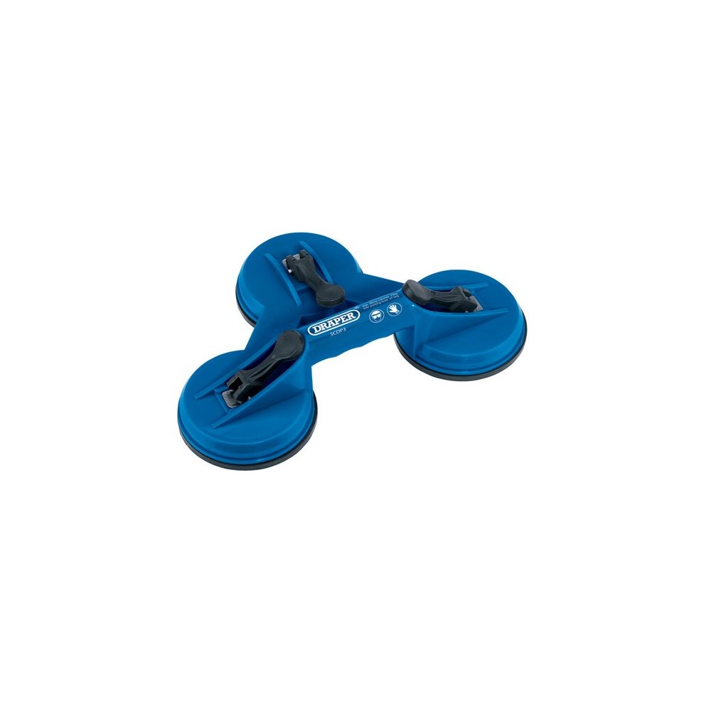 Blue triple suction lifter with three black rubber suction cups and a central handle, designed for lifting heavy objects securely.