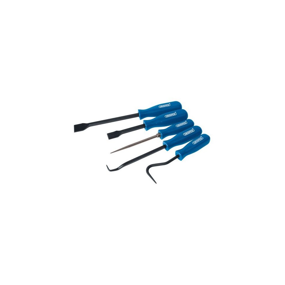 Five-piece scraper and remover set with blue plastic handles and metal tips, featuring various shapes for different scraping and removal tasks.