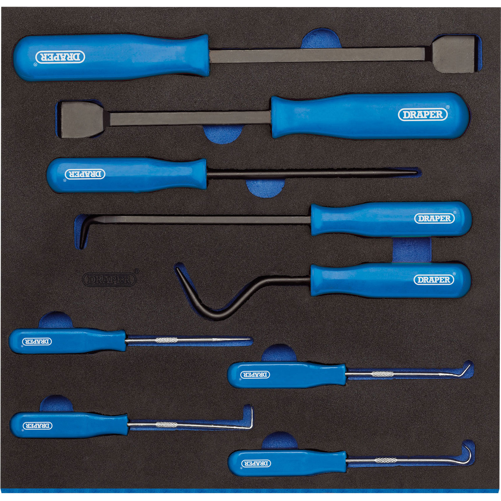 Draper 63500 Scraper, Hook and Pick Set features eight tools with blue rubberized handles, set in a black EVA foam insert for organized storage.
