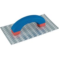 Draper scratch float with blue handle and perforated metal base, measuring 250 x 140mm.
