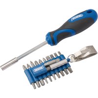 Draper screwdriver with blue and black handle, includes 22 interchangeable bits in a compact blue holder.