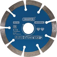 Blue Draper segmented diamond blade, 115mm, with silver cutting edges and central mounting hole.