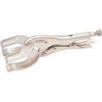 Silver Draper self-grip welding clamp, 225mm, with adjustable screw and wide jaws for secure grip.