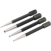 Draper set of four cupped nailsets with textured black handles and silver tapered tips.
