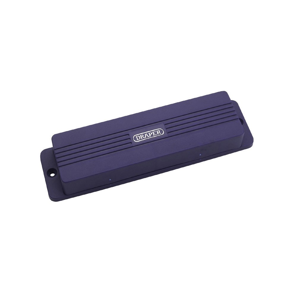 Purple sharpening stone box with a textured lid, featuring the "Draper" logo, measuring 200mm x 50mm x 25mm, designed for tool sharpening.